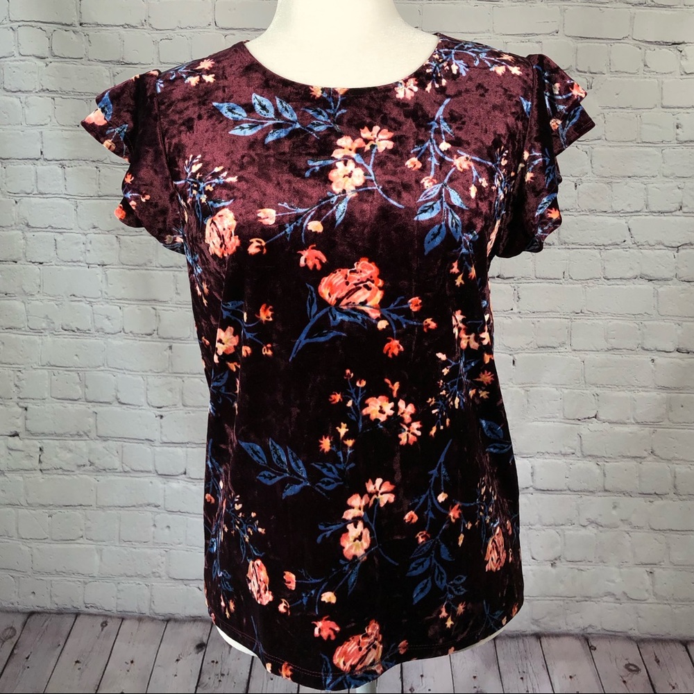 NWT a.n.a. crushed velvet floral top, plum